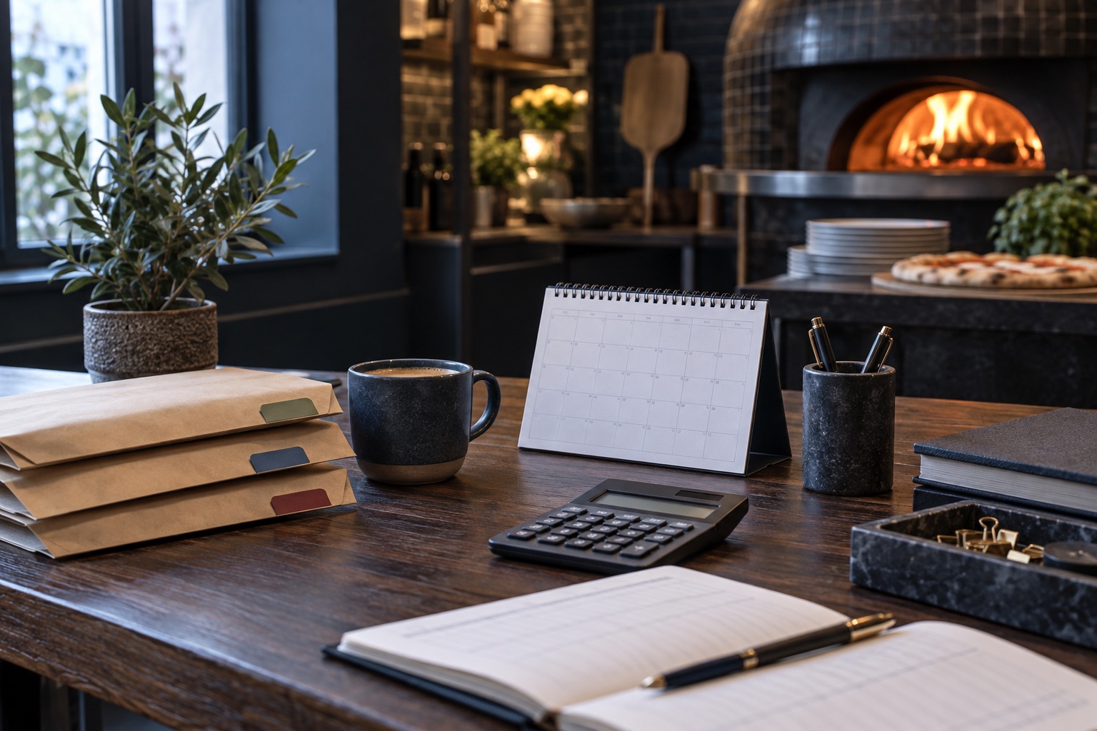 Illustrative planning desk with calendar, supplier envelopes and calculator