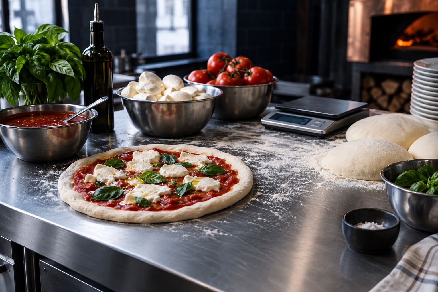 Pizza ingredients, dough and a kitchen scale on a preparation counter