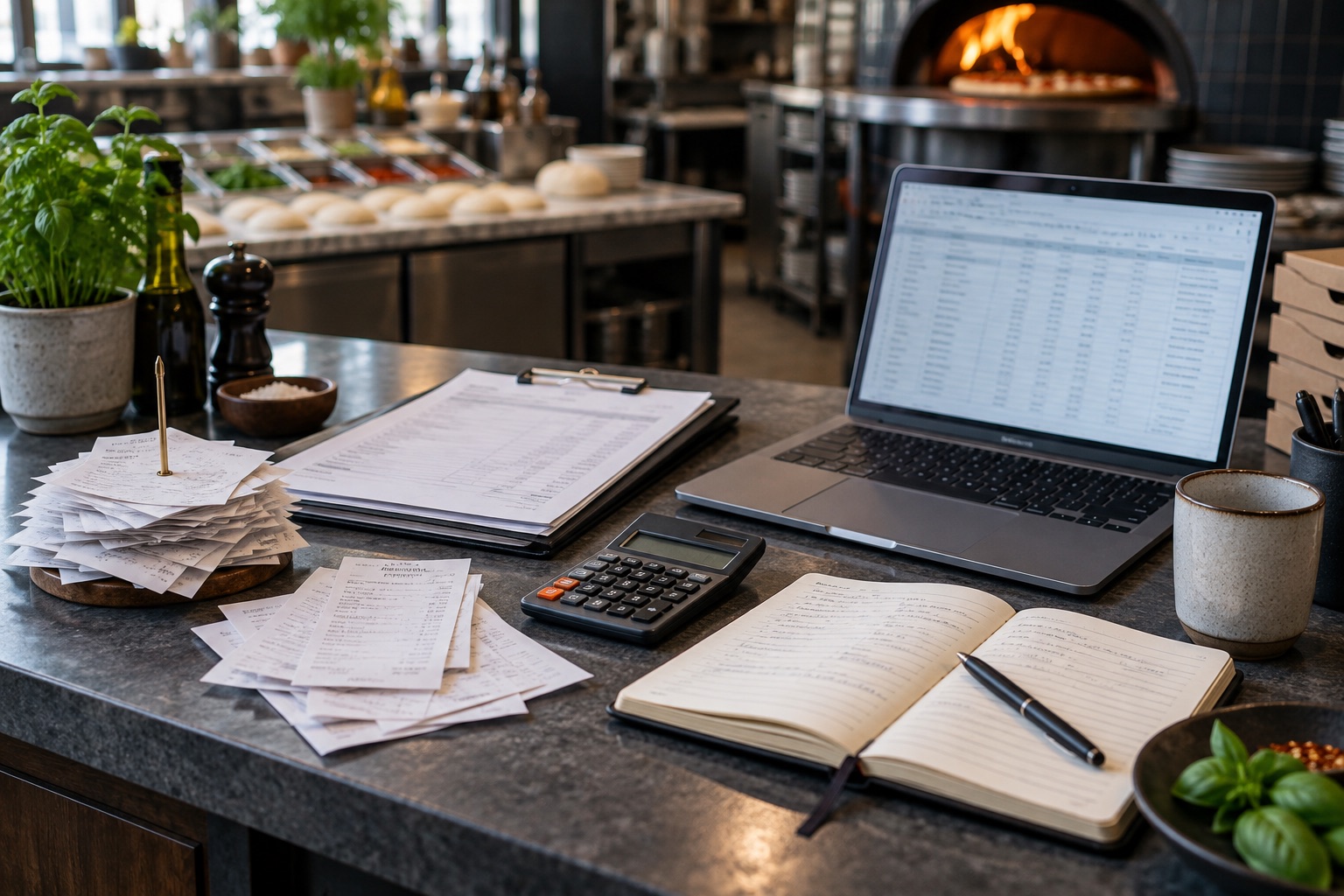 Illustrative restaurant bookkeeping desk with receipts, calculator and laptop