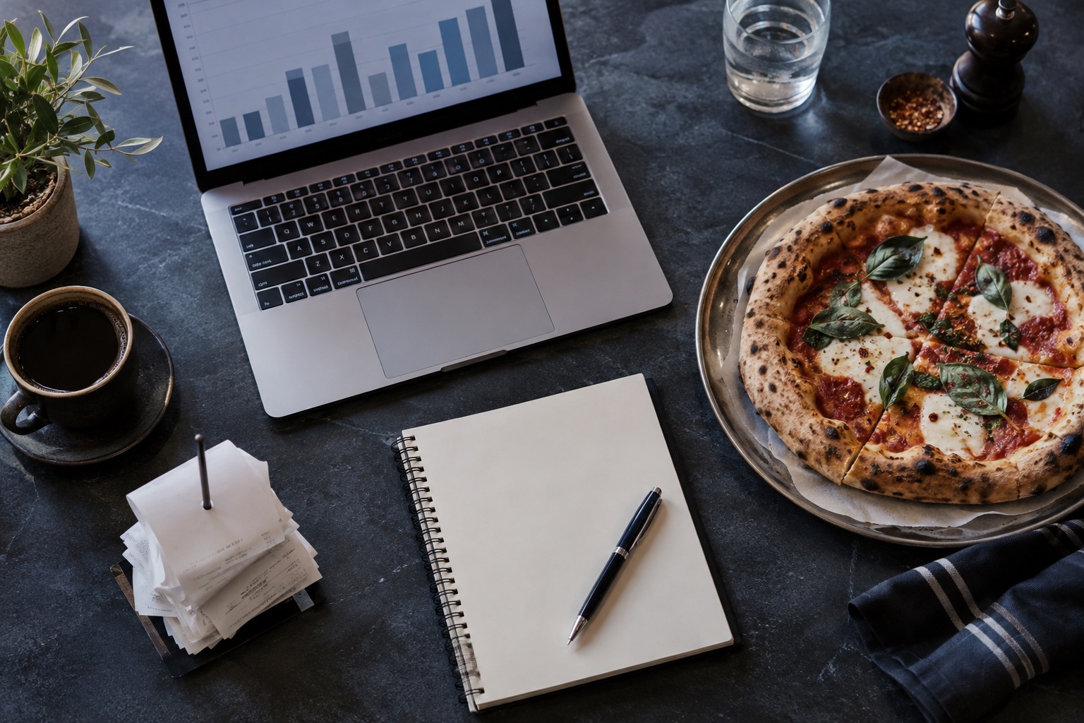 Illustrative weekly review with a chart on a laptop, notebook and pizza